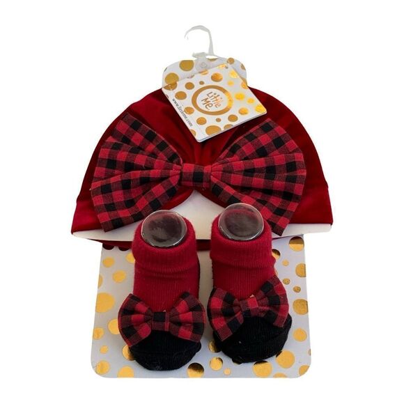Little Me 0-12 Month Holiday Velvet Plaid Hat & Bootie Set NWT - Picture 2 of 8